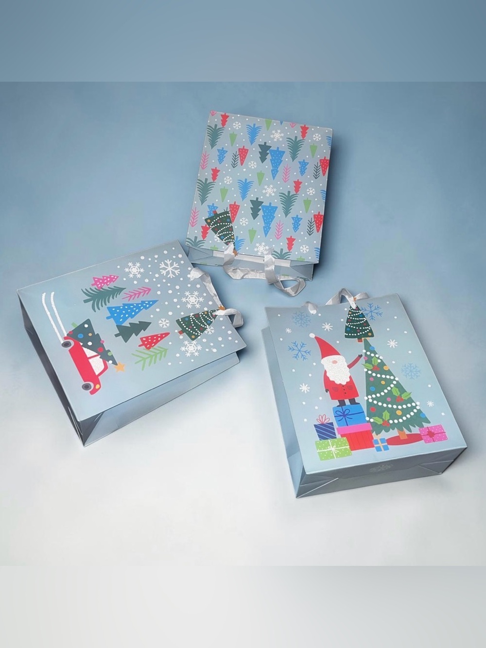 Holiday Gift Bags with Santa & Tree - Blue and Green 3 Pc Set - Picture 16 of 16